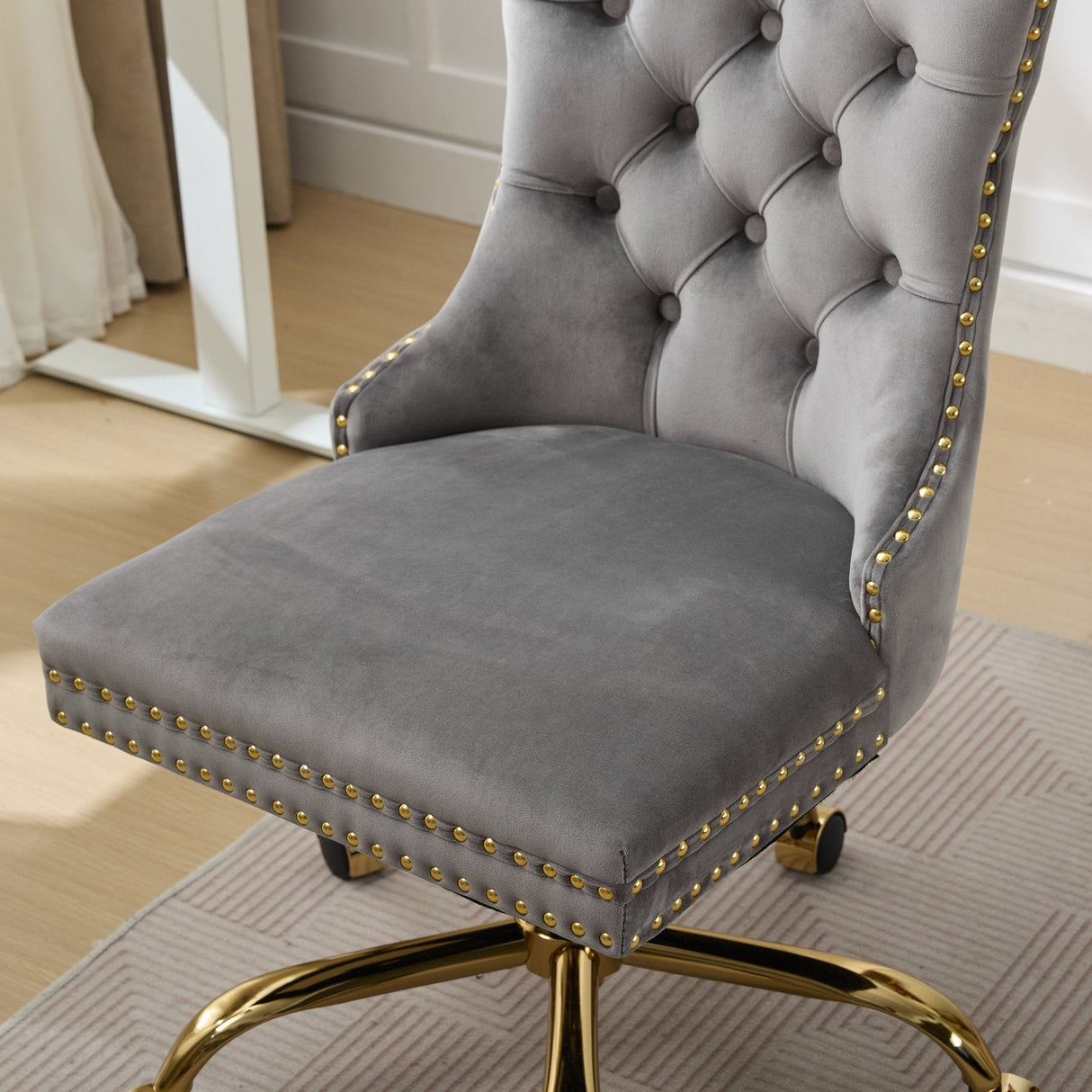 A&A Furniture Office Chair,Modern Velvet Upholstered Tufted Button Home Office Chair with Golden Metal Base,Adjustable Desk Chair Swivel Office Chair (Gray)