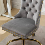 A&A Furniture Office Chair,Modern Velvet Upholstered Tufted Button Home Office Chair with Golden Metal Base,Adjustable Desk Chair Swivel Office Chair (Gray)