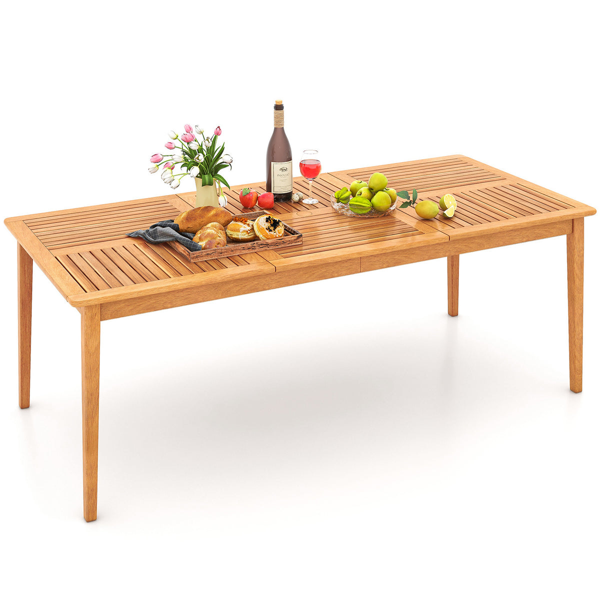 8-Person Outdoor Acacia Wood Dining Rectangular Bistro Table with Umbrella Hole