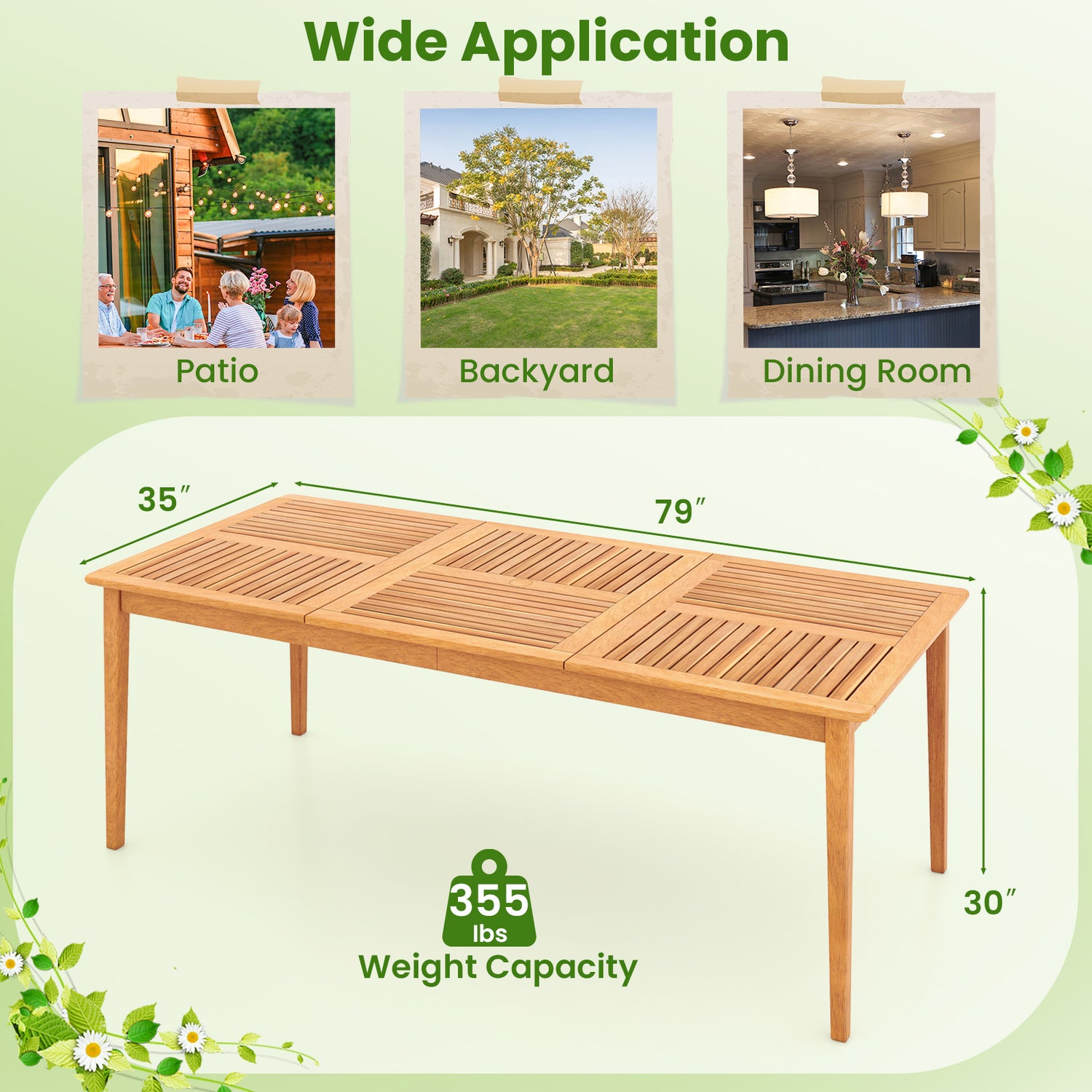 8-Person Outdoor Acacia Wood Dining Rectangular Bistro Table with Umbrella Hole