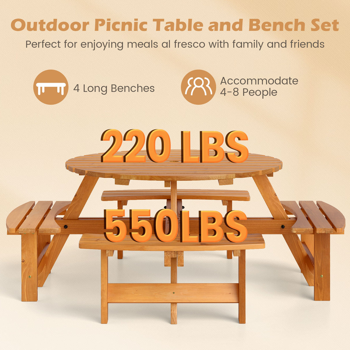 8-Person Round Picnic Table Set Circular Patio Dining Camping Table with Benches