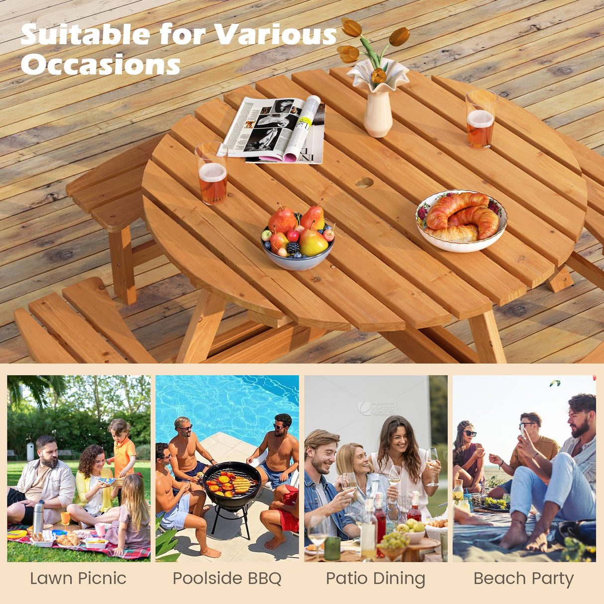 8-Person Round Picnic Table Set Circular Patio Dining Camping Table with Benches