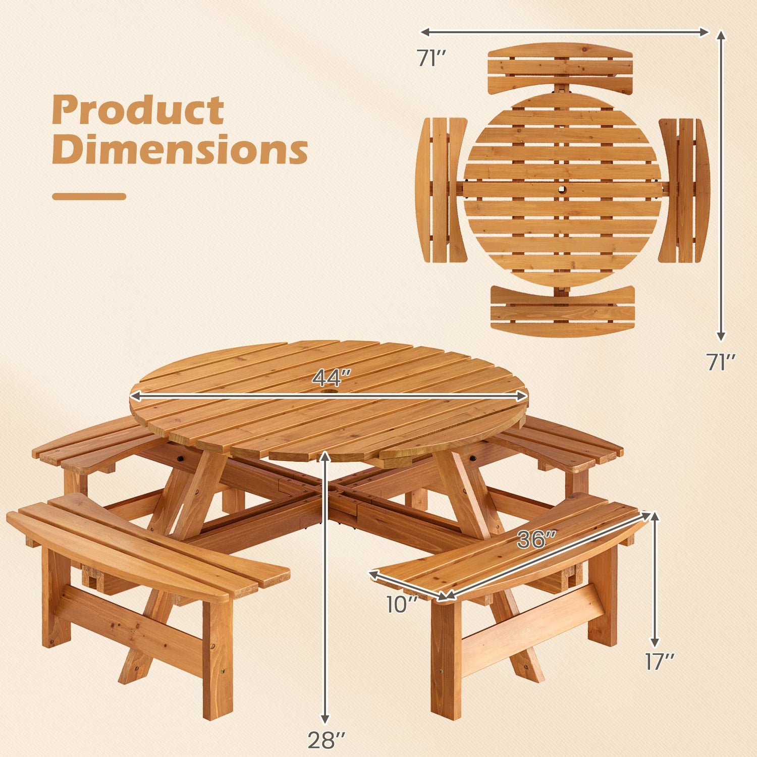 8-Person Round Picnic Table Set Circular Patio Dining Camping Table with Benches