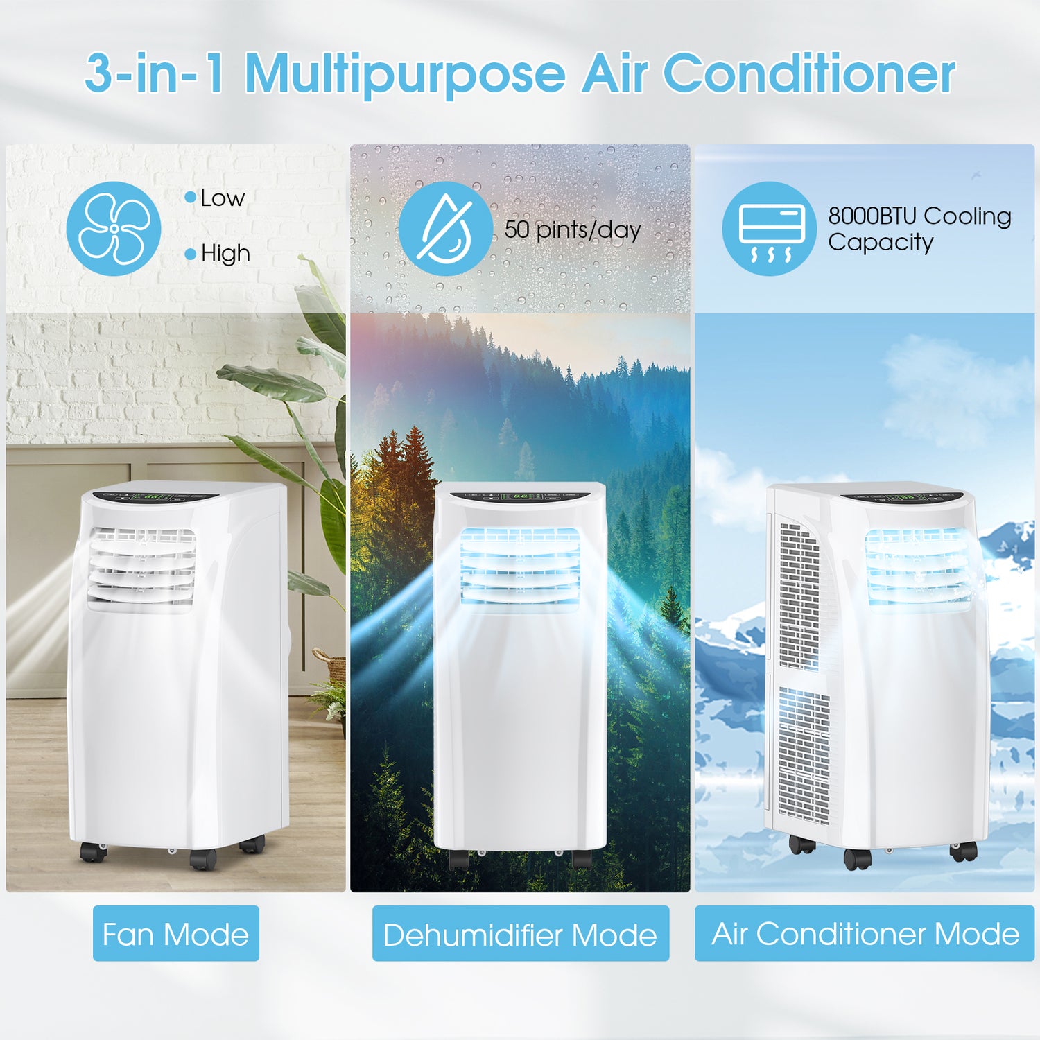 8000 BTU Portable Air Conditioner with Sleep Mode and Dehumidifier Function