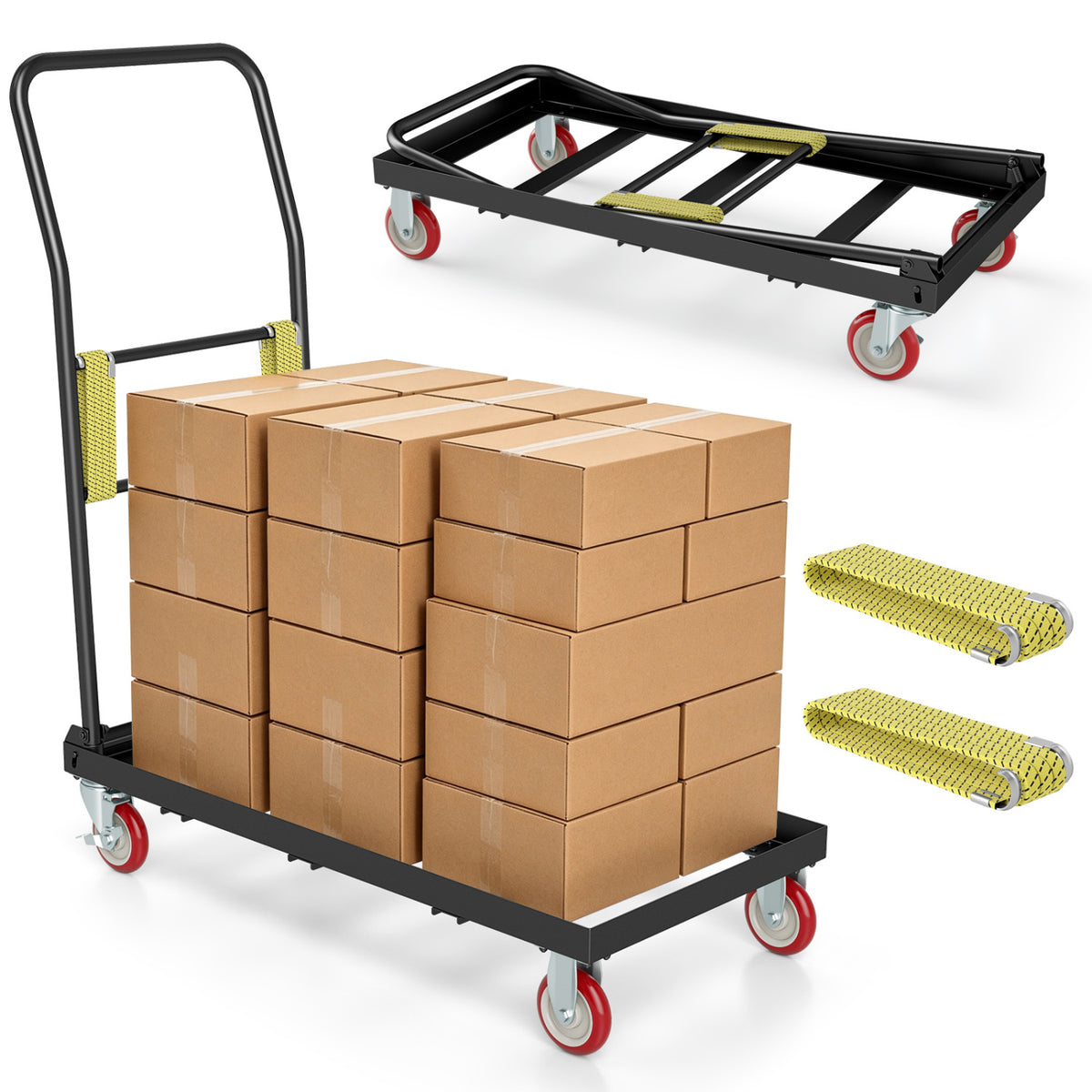 800 LBS Folding Hand Truck with Handle and 2 Elastic Ropes-Black