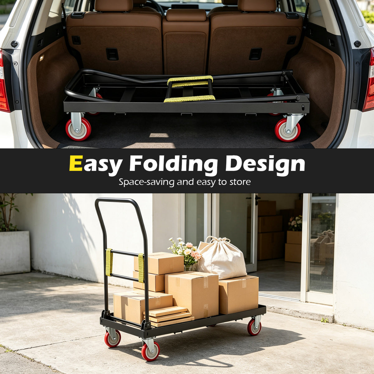 800 LBS Folding Hand Truck with Handle and 2 Elastic Ropes-Black