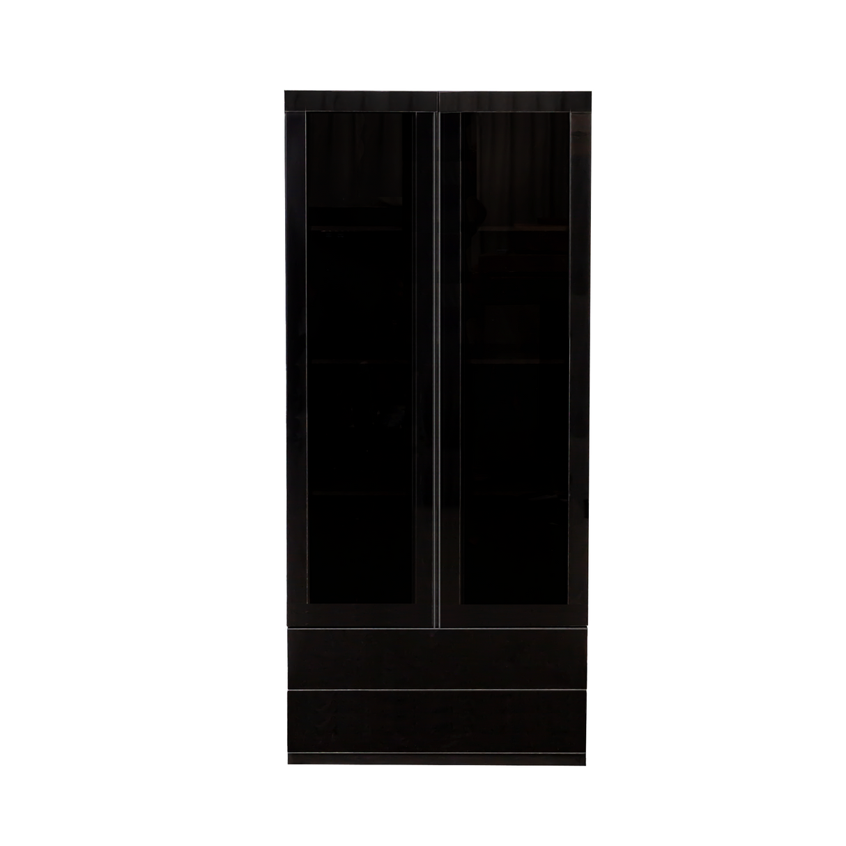 Display Cabinet with Glass Doors, Curio Storage Cabinet with 2-Drawer, Bookcase with LED Lights, Black