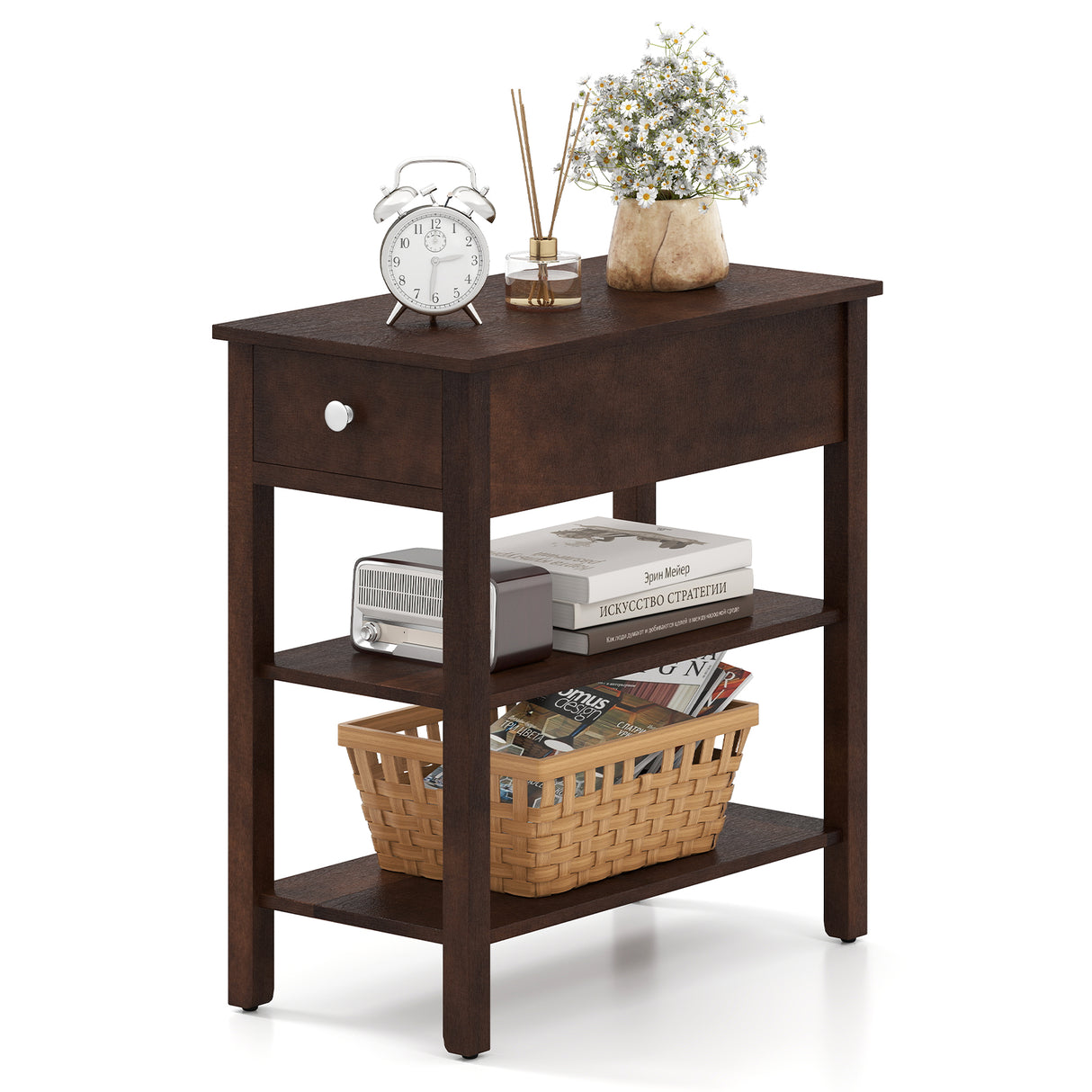 3-Tier Narrow End Table with Drawer and Storage Shelves
