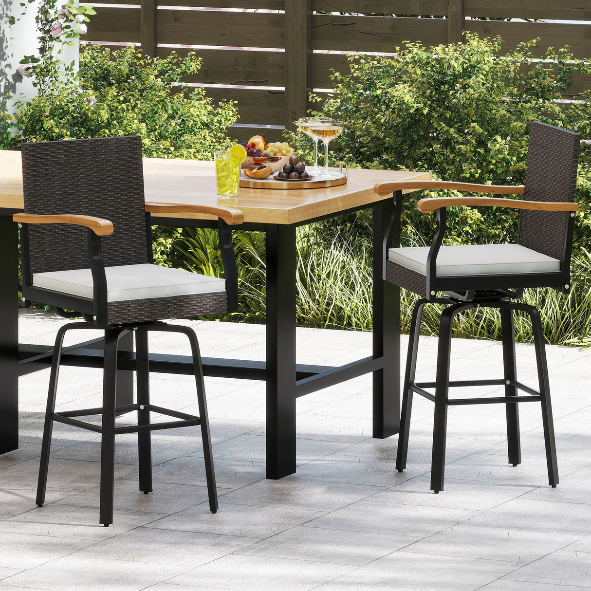 One Outdoor 360° Swivel Bar Stool with Cushion and Acacia Wood Armrests