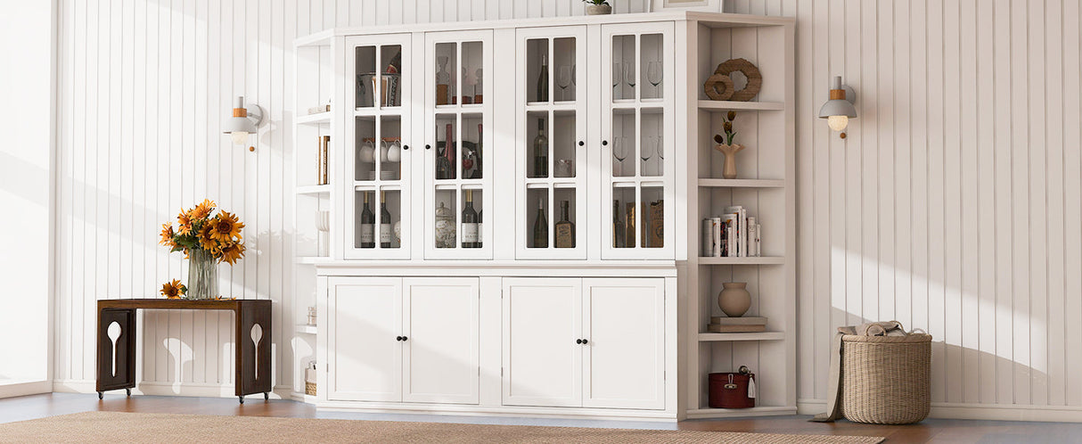 2x 75.25'' Tall Display Cabinets and Two Triangle Sided Bookshelves, 105.5'' Wide Retro Style Wall Suit with Glass Doors, for Hallways, Living room, Office, Studio or Workspace - White