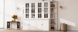 2x 75.25'' Tall Display Cabinets and Two Triangle Sided Bookshelves, 105.5'' Wide Retro Style Wall Suit with Glass Doors, for Hallways, Living room, Office, Studio or Workspace - White