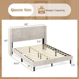 Queen Size Velvet Bed Frame with Vertical Channel Tufted Wingback Headboard-White