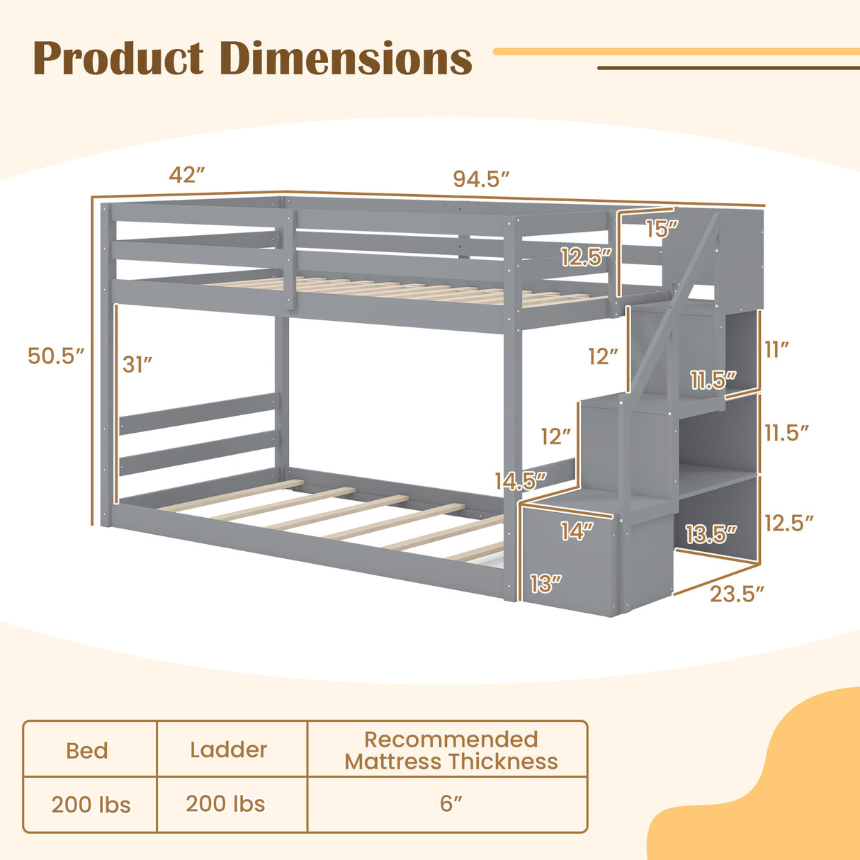 Twin Over Twin Low Bunk Bed with Storage Stairs Solid Wood Floor Bunk Bed Frame