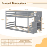 Twin Over Twin Low Bunk Bed with Storage Stairs Solid Wood Floor Bunk Bed Frame