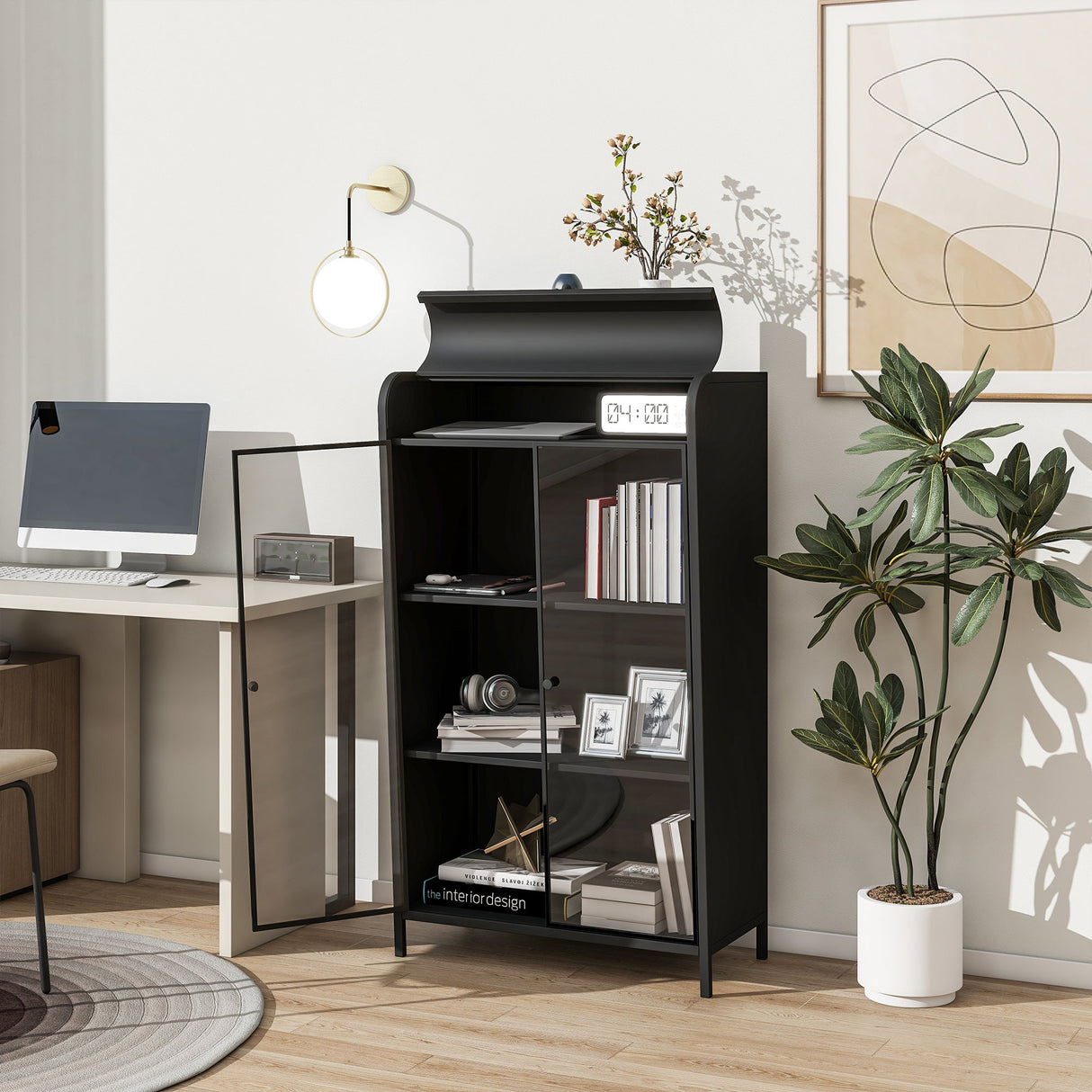 47.6' Tall Metal Storage Cabinet with Glass Doors & Flip-Top, 4-Tier Display Cabinet with Open Shelves, Freestanding Steel Sideboard Buffet for Kitchen, Living Room, Home Office, Dining Room, Bathroom