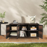 84 Gallon Patio Wicker Deck Box 3-Door PE Rattan Storage Container with Removable Shelves-Brown