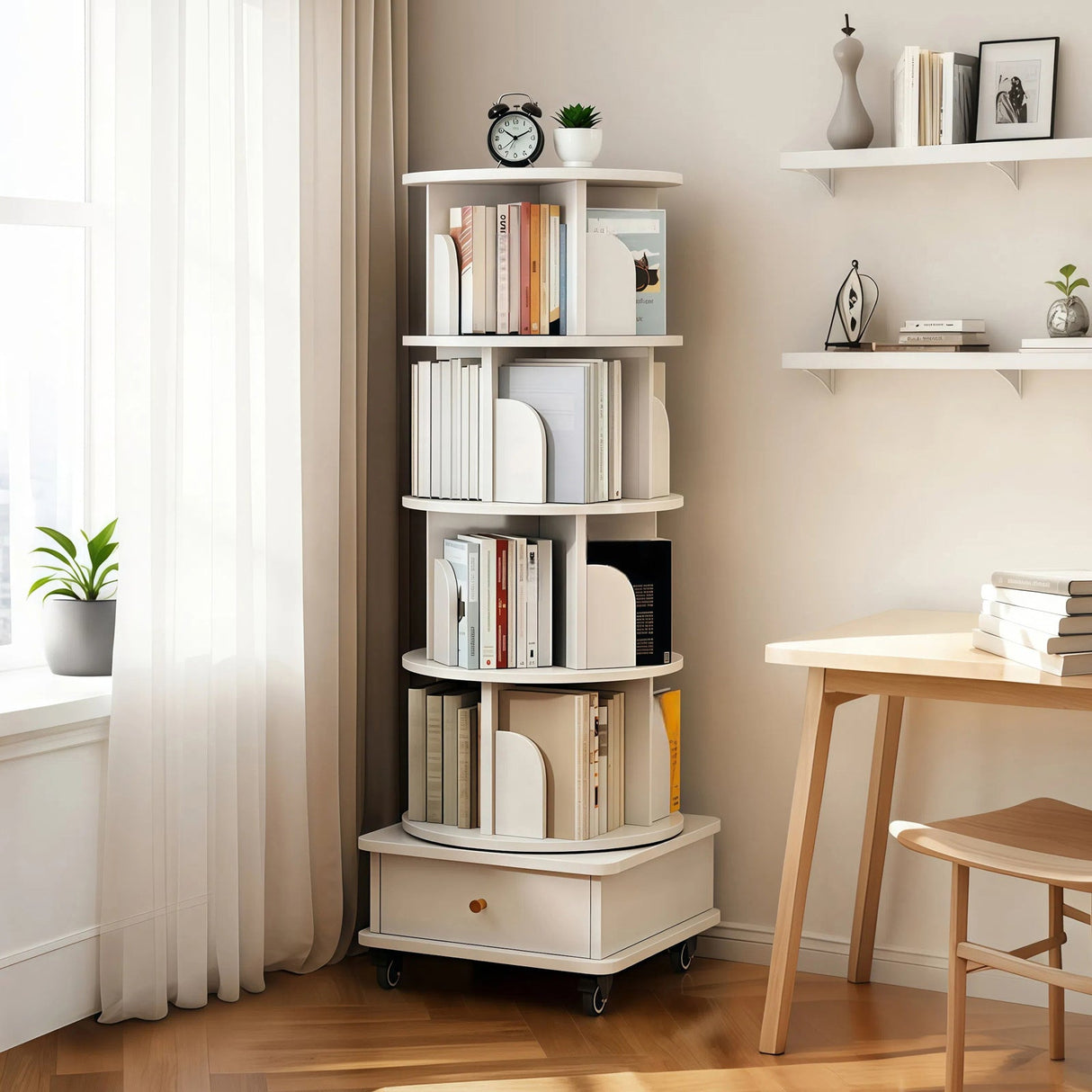 5 Tier Rotating Bookshelf with Wheels and Drawer, 360° Spinning Design, Space Saving Storage, for Home and Office, White MDF