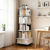 5 Tier Rotating Bookshelf with Wheels and Drawer, 360° Spinning Design, Space Saving Storage, for Home and Office, White MDF