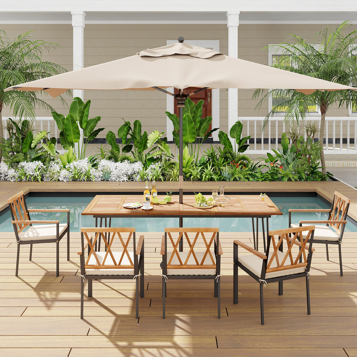 63 Inch Rectangular Outdoor Dining Table for 6 People with Acacia Wood Tabletop and Umbrella Hole