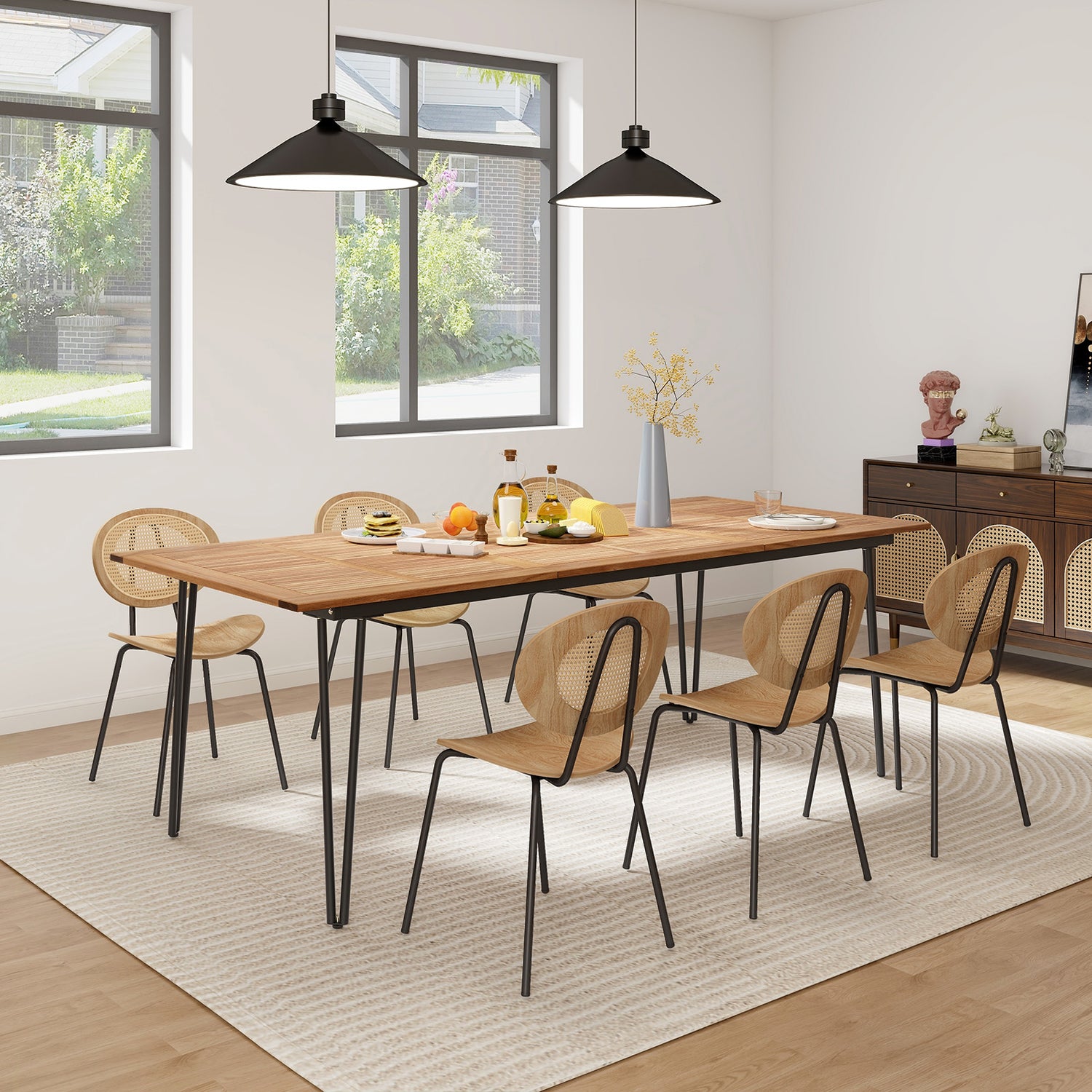 63 Inch Rectangular Outdoor Dining Table for 6 People with Acacia Wood Tabletop and Umbrella Hole
