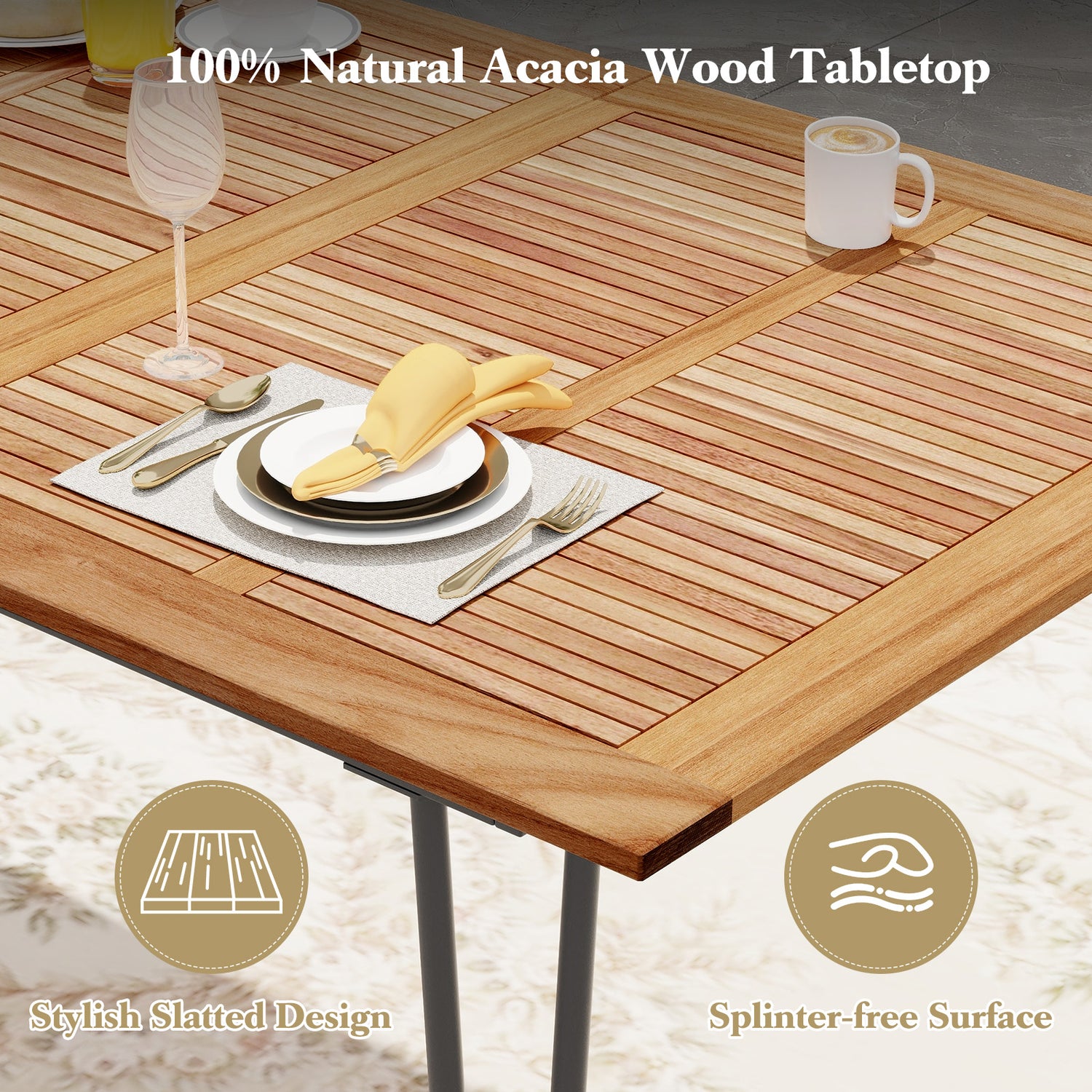 63 Inch Rectangular Outdoor Dining Table for 6 People with Acacia Wood Tabletop and Umbrella Hole