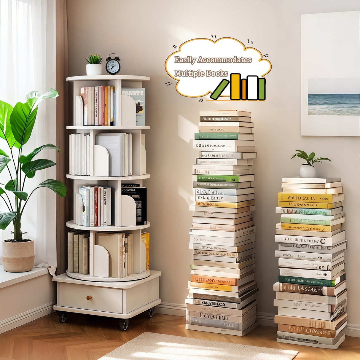 5 Tier Rotating Bookshelf with Wheels and Drawer, 360° Spinning Design, Space Saving Storage, for Home and Office, White MDF