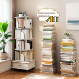 5 Tier Rotating Bookshelf with Wheels and Drawer, 360° Spinning Design, Space Saving Storage, for Home and Office, White MDF