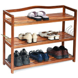 3-Tier Acacia Wood Shoe Rack with Side Metal Hooks