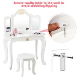Kids Makeup Dressing Table with Tri-folding Mirror and Stool