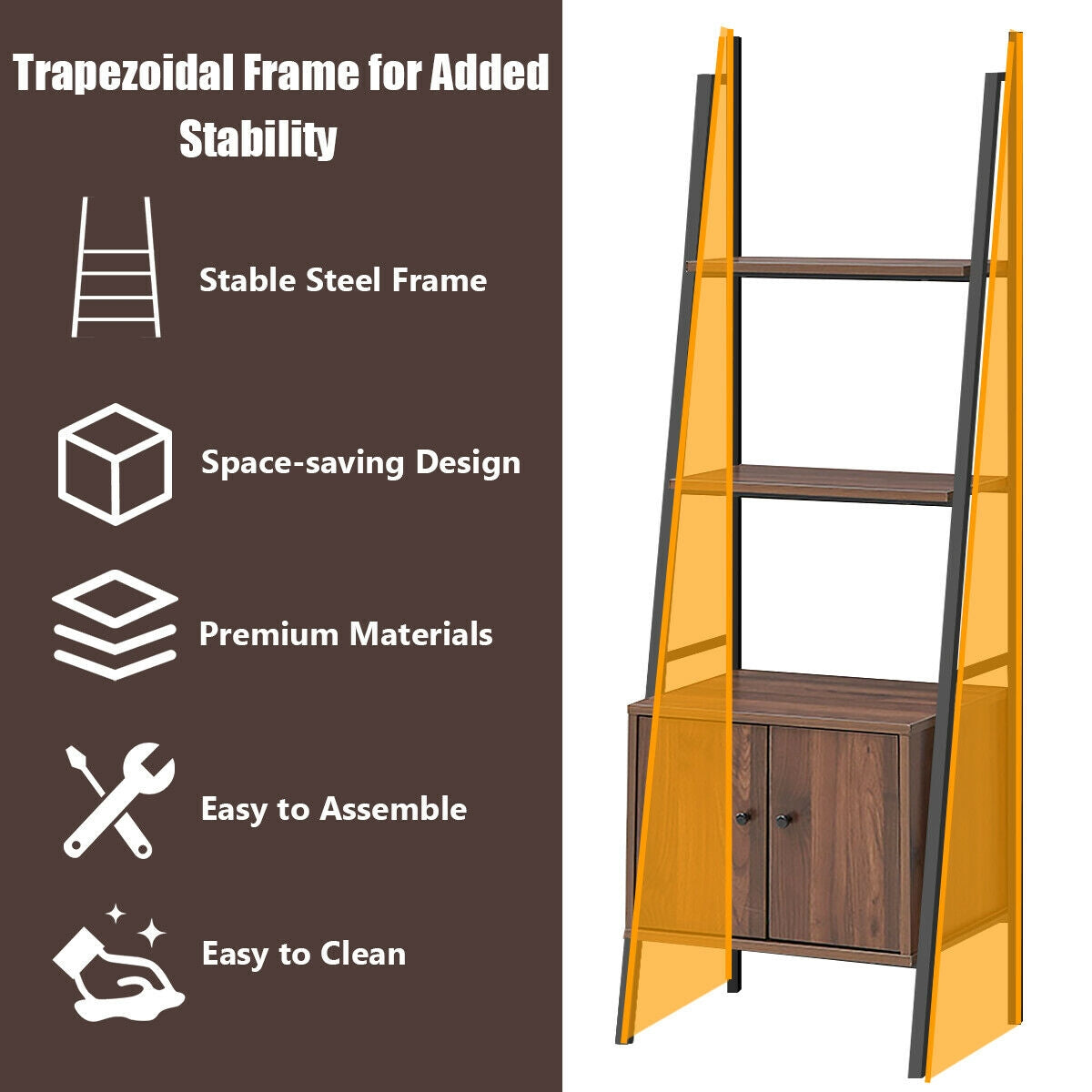 Ladder Shelf 3 Tier Bookcase Metal Frame Bookshelf
