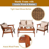 4 Pieces Acacia Wood Patio Rattan Furniture Set with Zippered Cushions