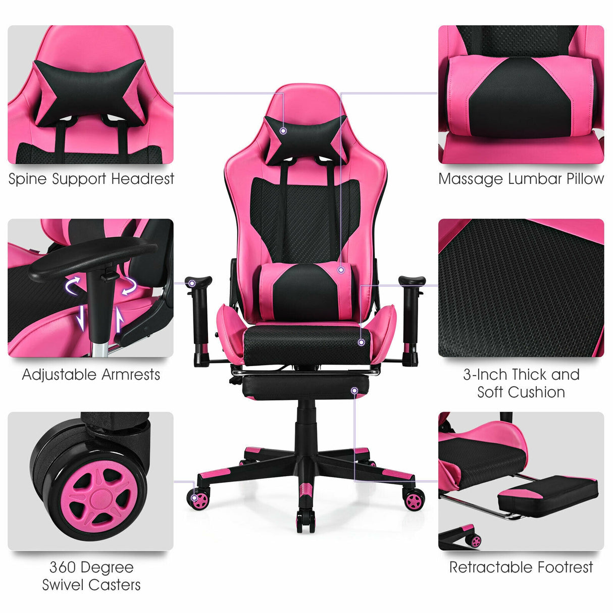 PU Leather Gaming Chair with USB Massage and Lumbar Pillow Footrest