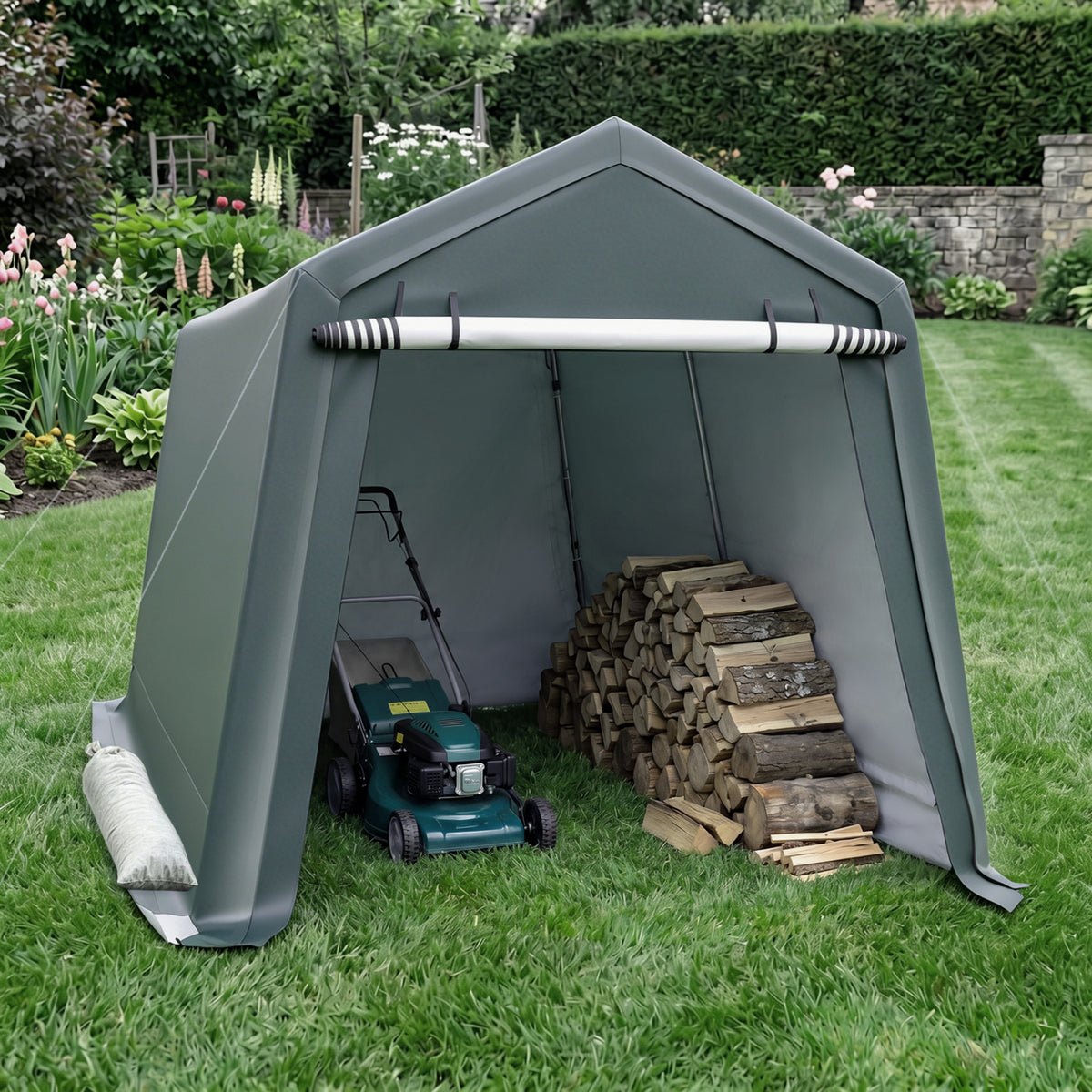 8.3 x 14 Feet Outdoor Storage Shed with Roll-Up Zipper Door-Green
