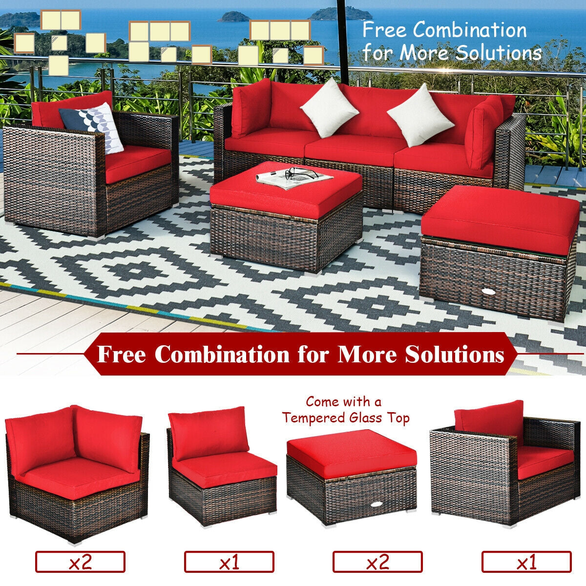6 Pcs Patio Rattan Furniture Set with Sectional Cushion