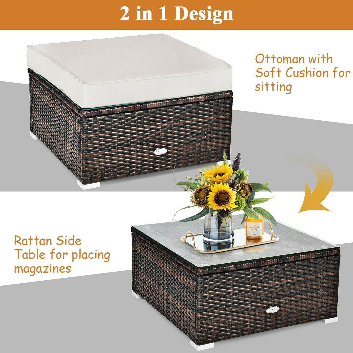 6 Pcs Patio Rattan Furniture Set with Sectional Cushion