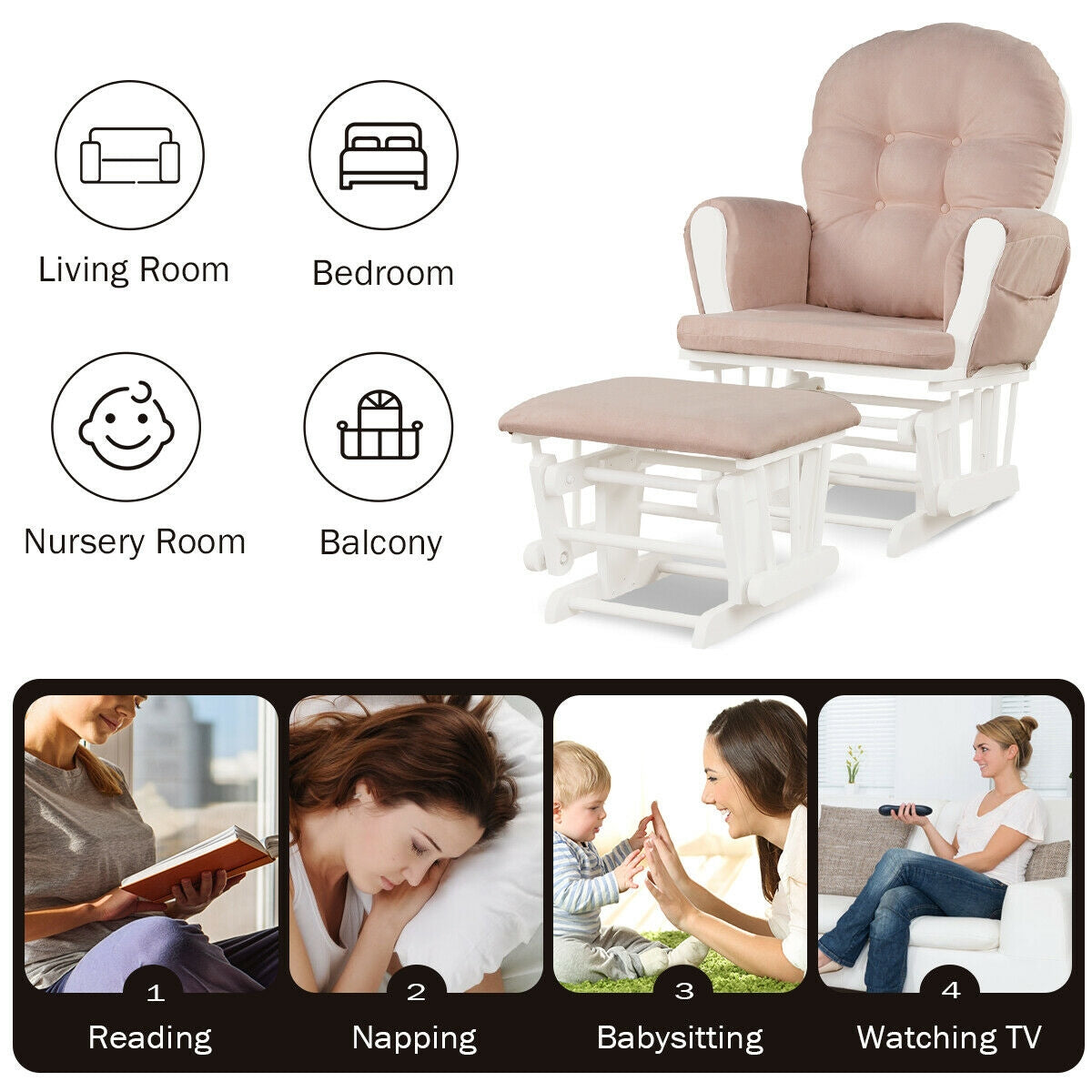 Wood Glider and Ottoman Set with Padded Armrests and Detachable Cushion