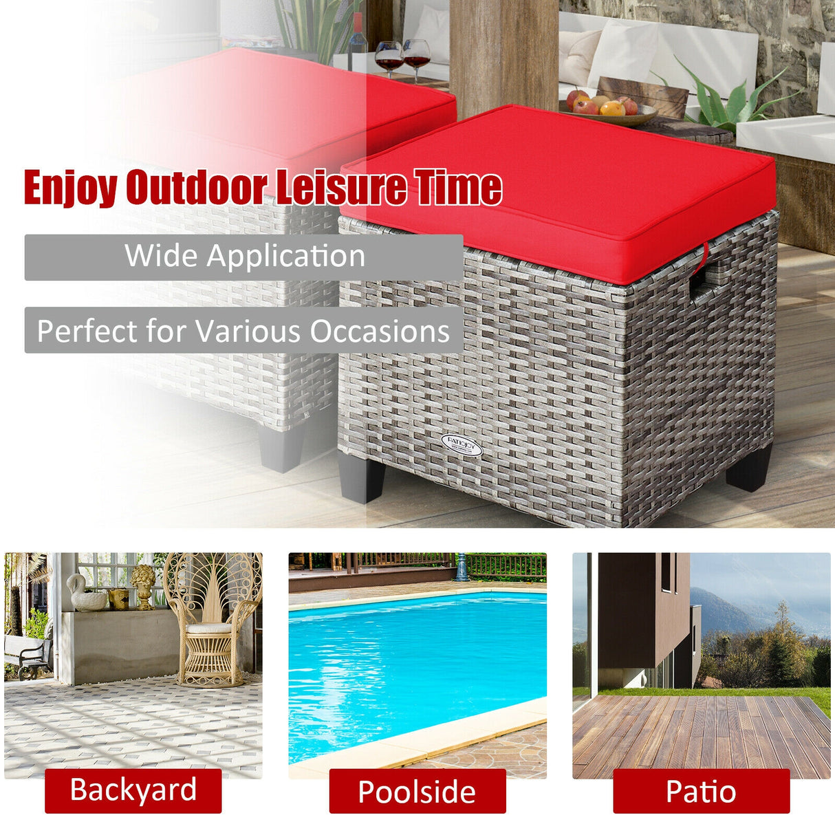 2PCS Patio Rattan Wicker Ottoman Seat with Removable Cushions