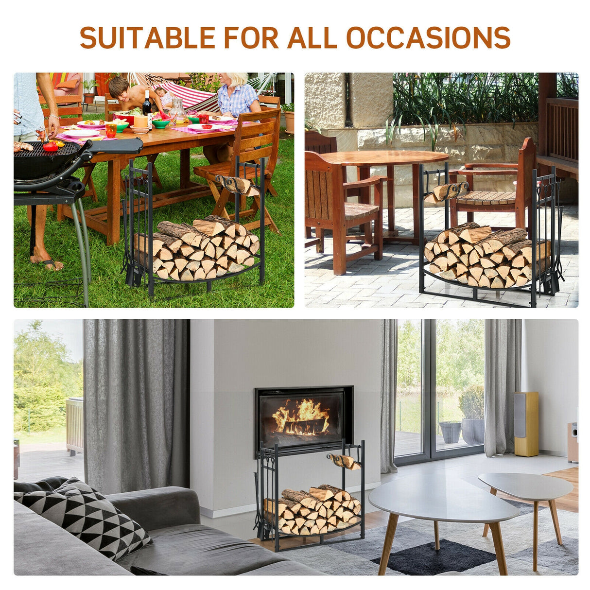 36 Inch Fireplace Log Holder with Kindling Holders and Shovel