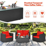 4 Pieces Patio Rattan Conversation Set with Cushions and Coffee Table