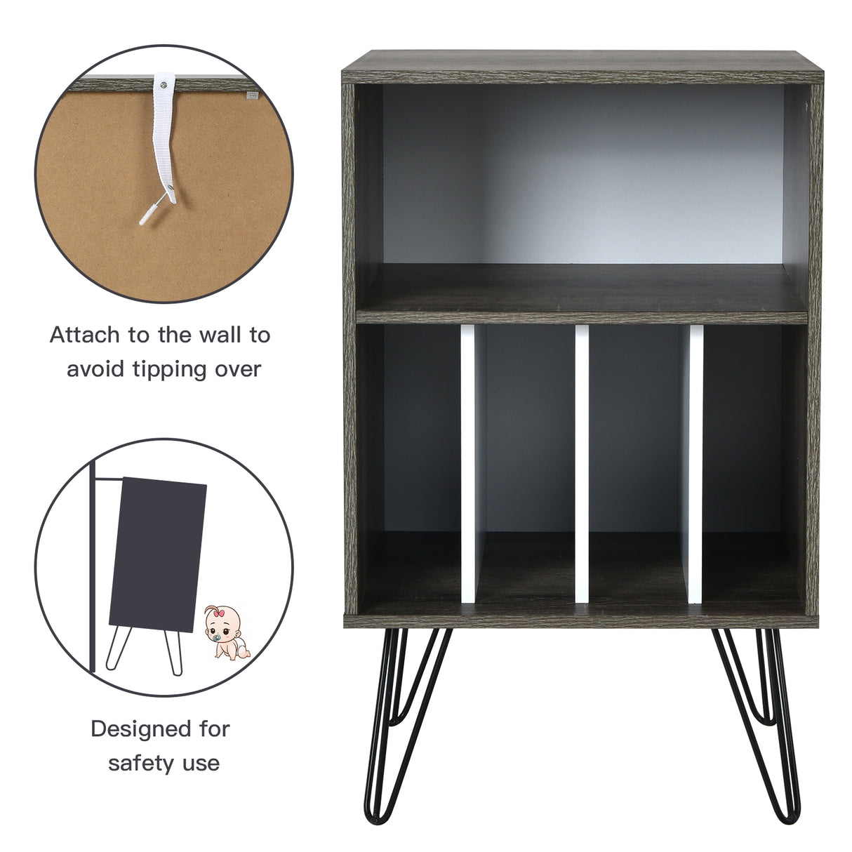 Freestanding Record Player Stand Storage Cabinet with Metal Legs