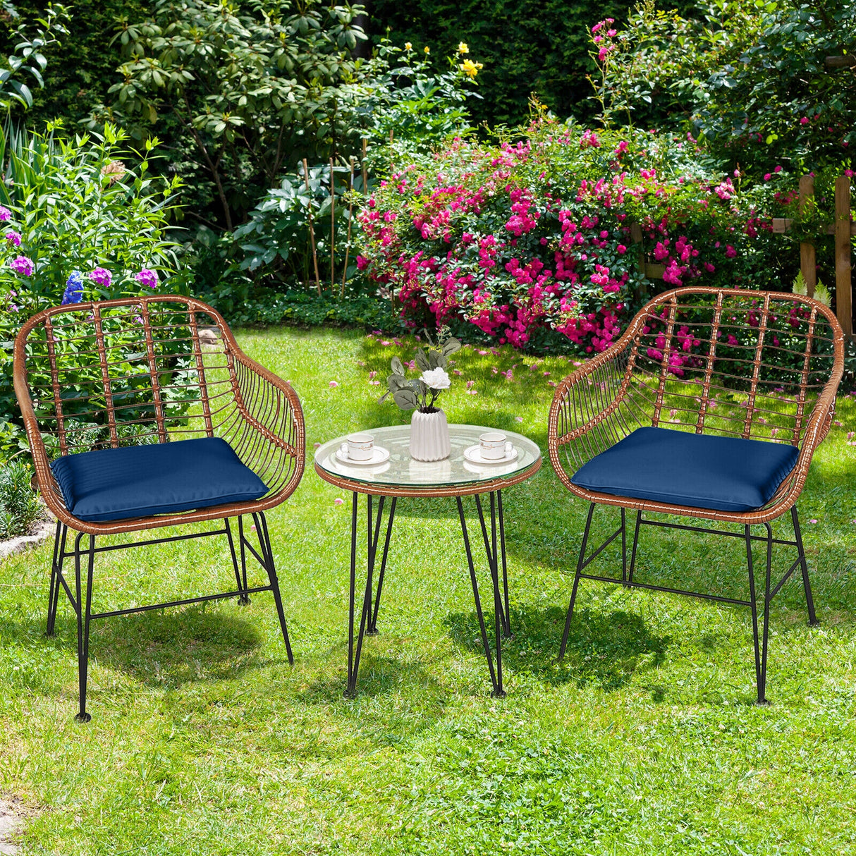 3 Pieces Patio Rattan Bistro Set with Cushion
