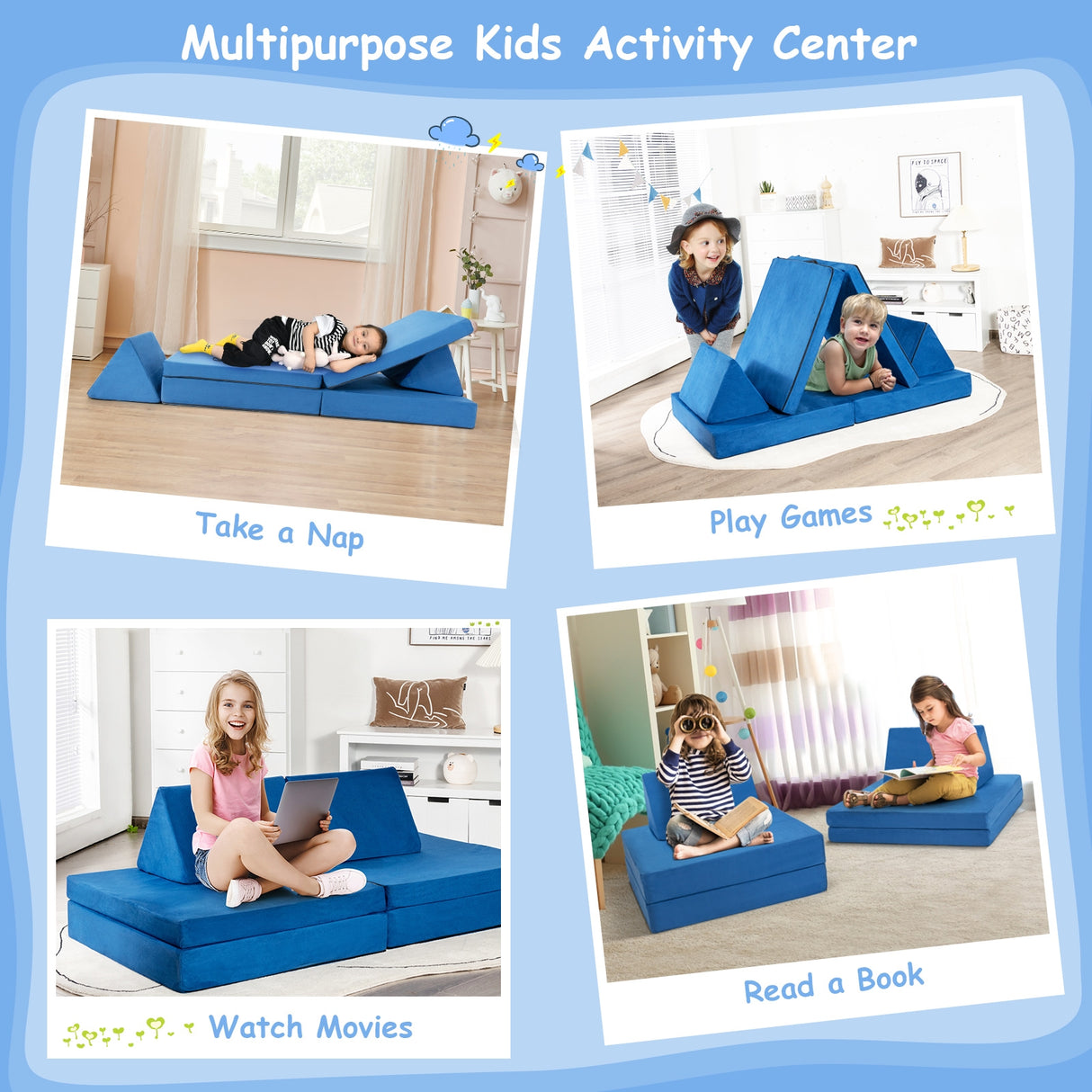 4-Piece Convertible Kids Couch Set with 2 Folding Mats