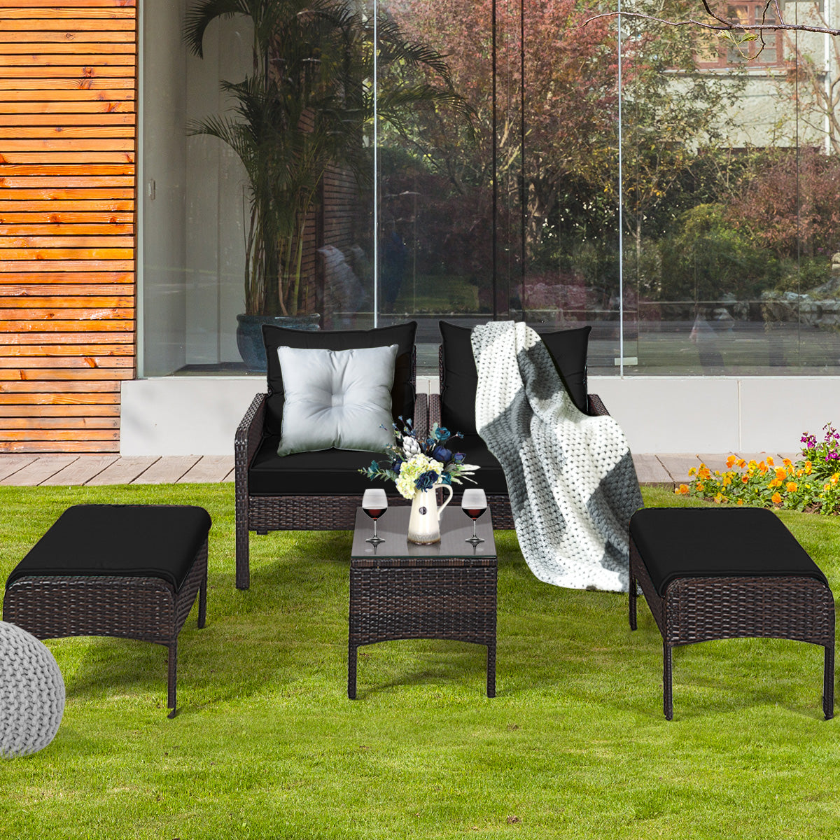 5 Pieces Patio Rattan Sofa Ottoman Furniture Set with Cushions