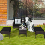 5 Pieces Patio Rattan Sofa Ottoman Furniture Set with Cushions