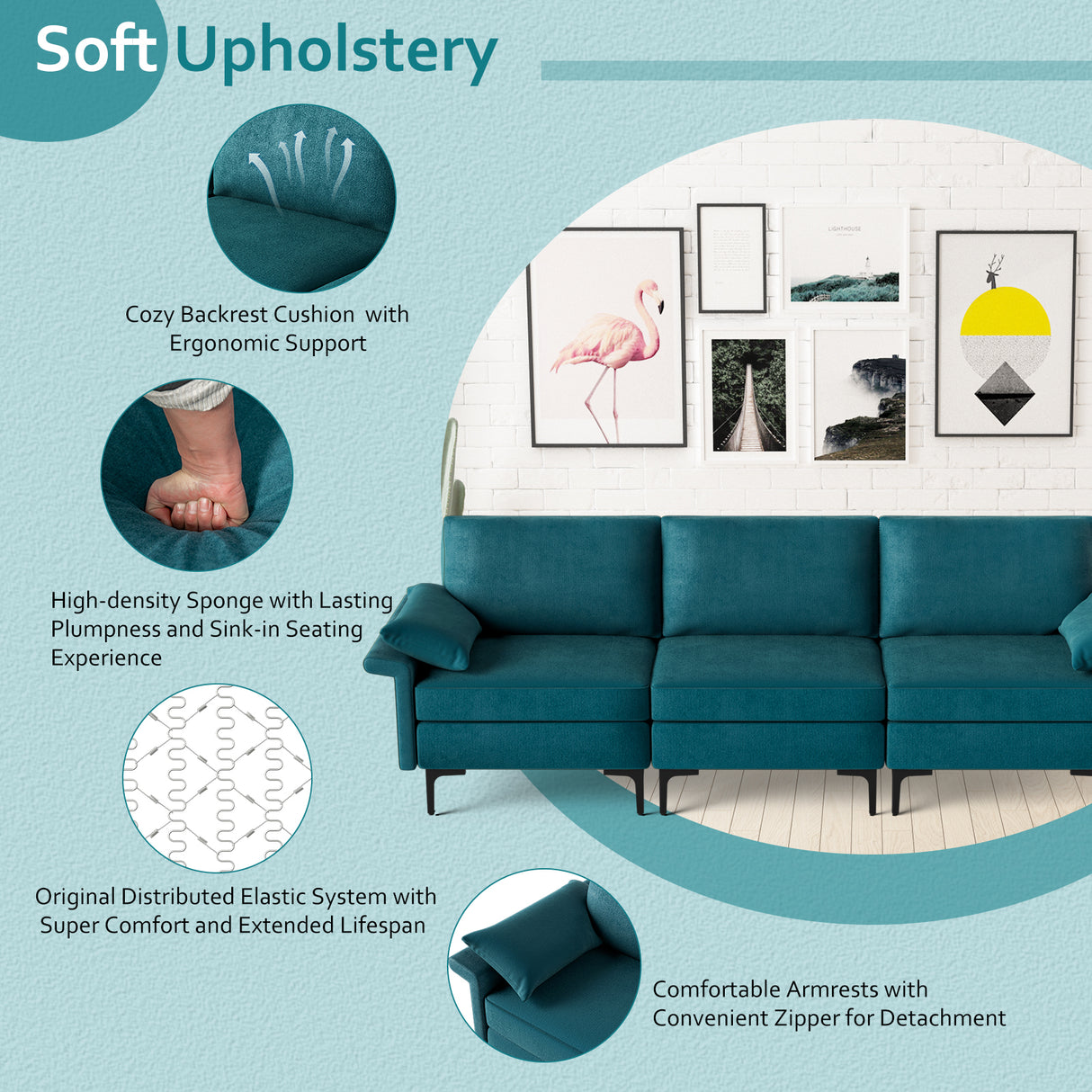 Large 3-Seat Sofa Sectional with Metal Legs and 2 USB Ports for 3-4 people
