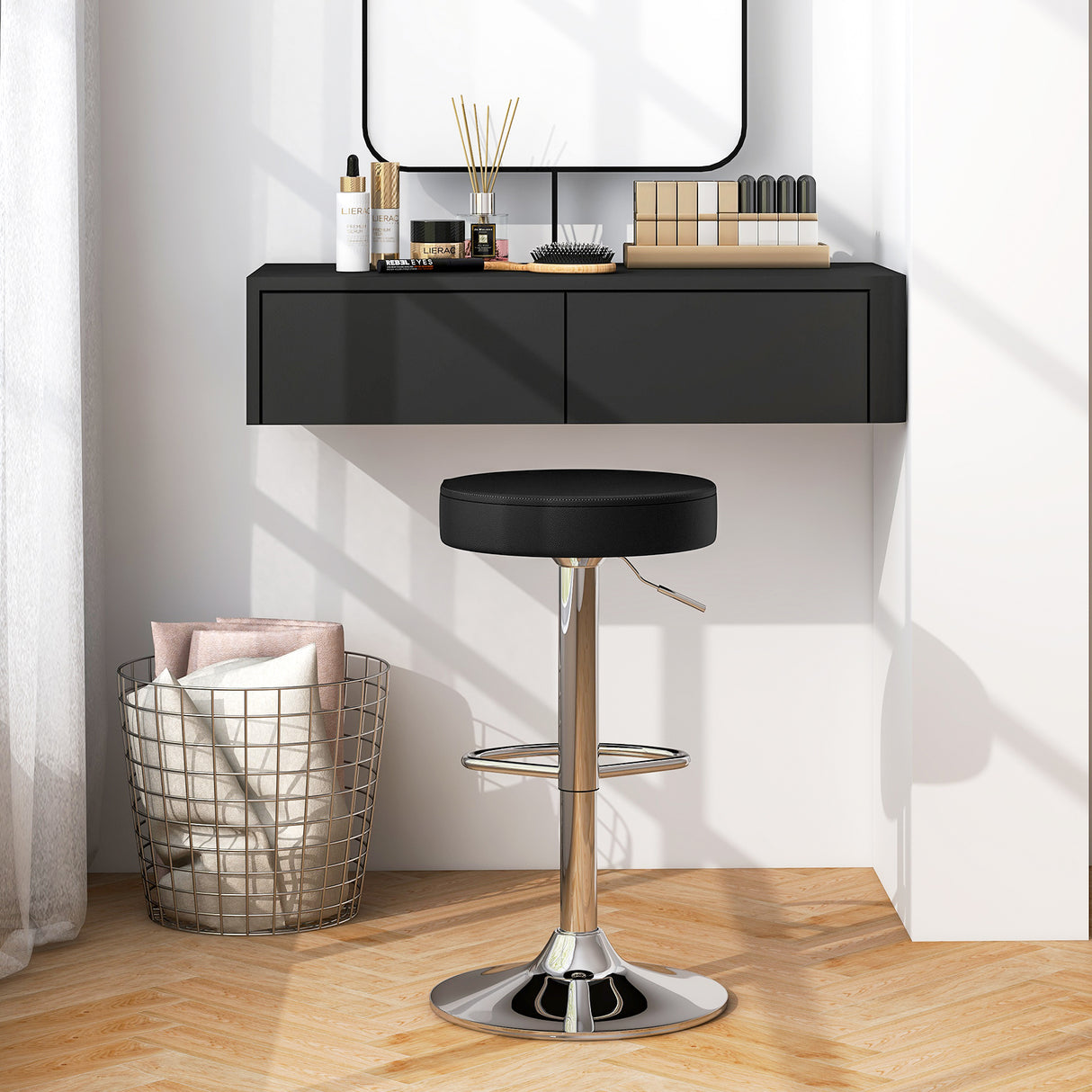 Set of 2 Adjustable Round PU Leather Swivel Barstool with Chrome Footrest