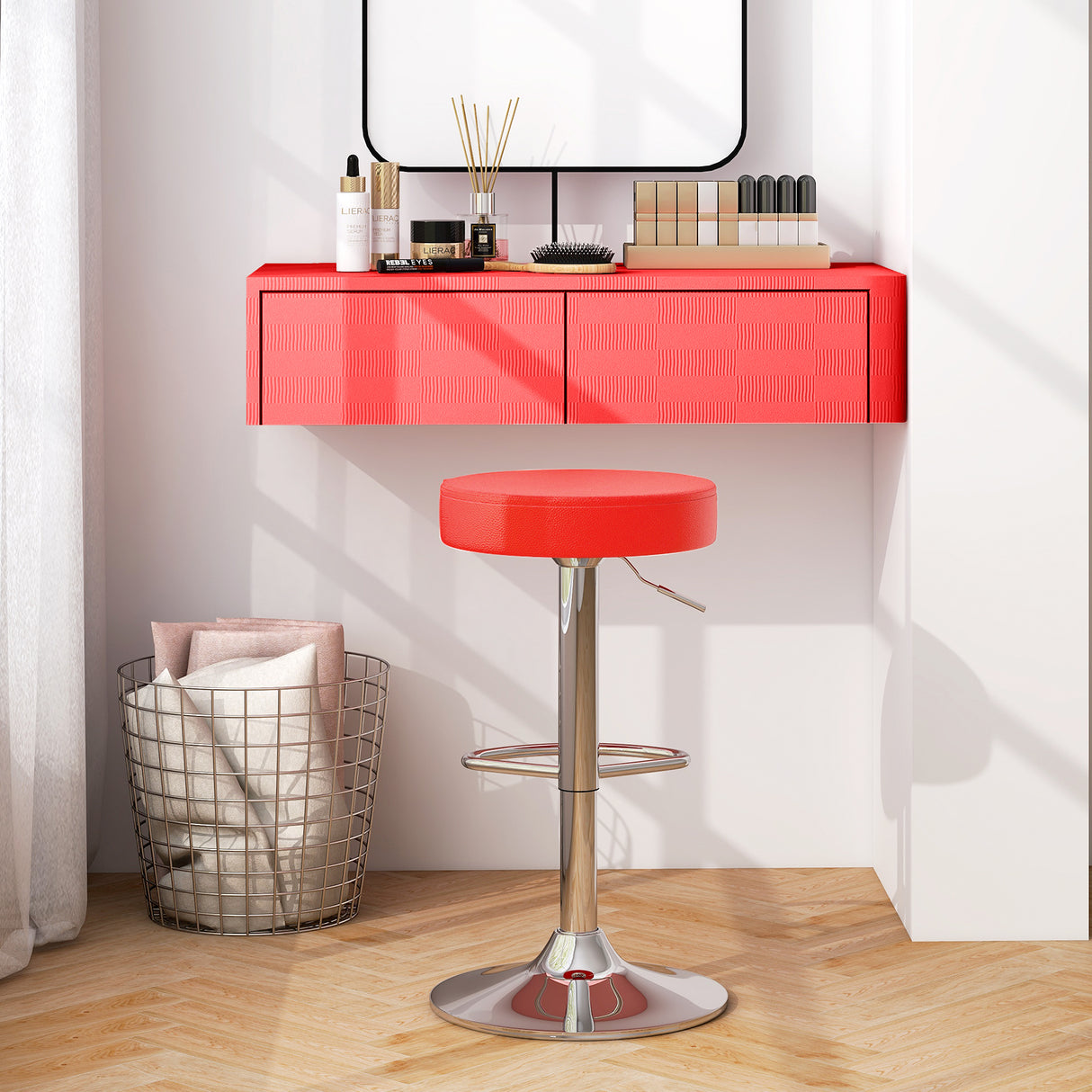 Set of 2 Adjustable Round PU Leather Swivel Barstool with Chrome Footrest