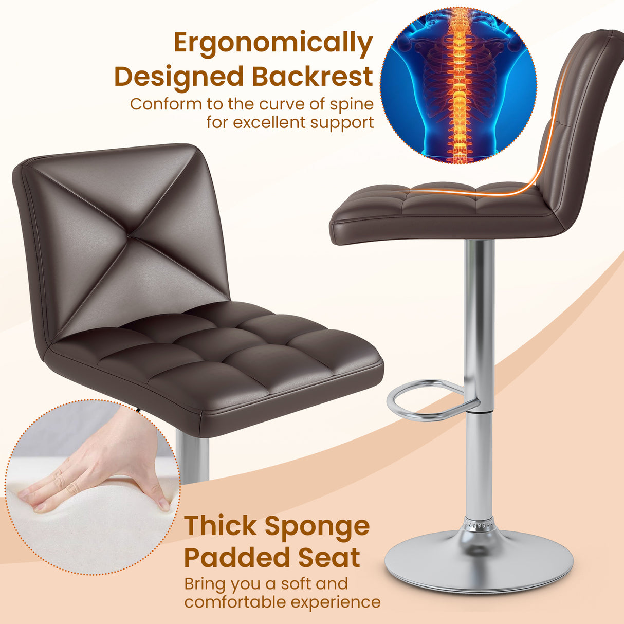 PU Leather Upholstered Bar Stools Set of 2 with Back and Adjustable Height