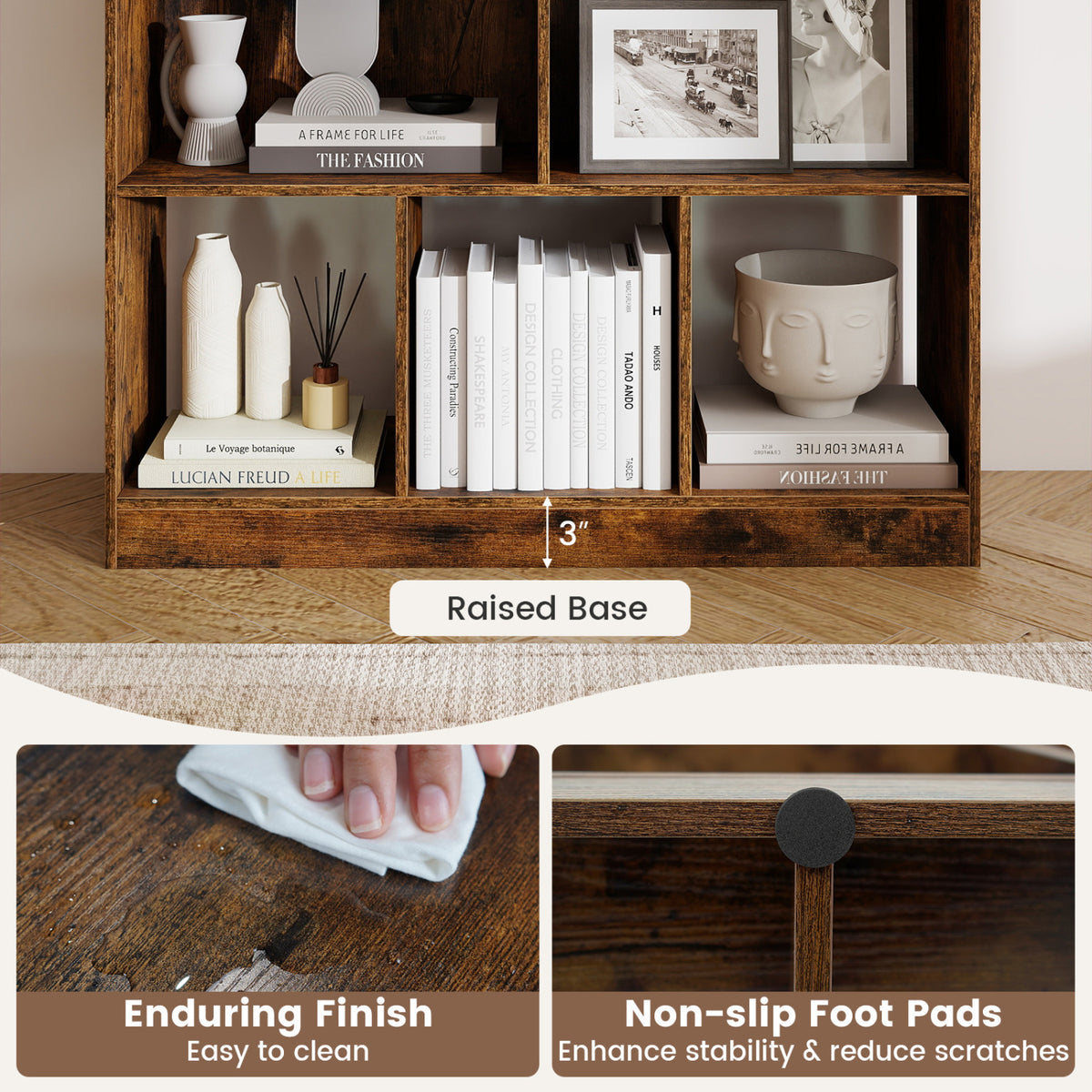 8-Cube Bookcase 3-Tier with 2-Sized Compartments and Anti-Tip Kits for Living Room
