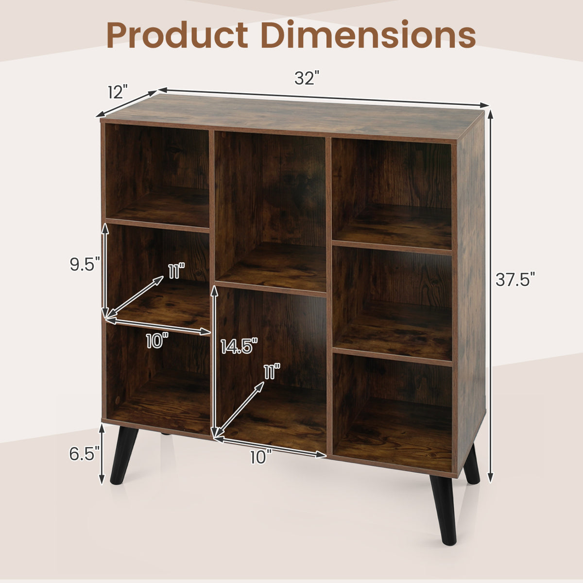 8-Cube Bookcase with Raised Support Legs for Living Room